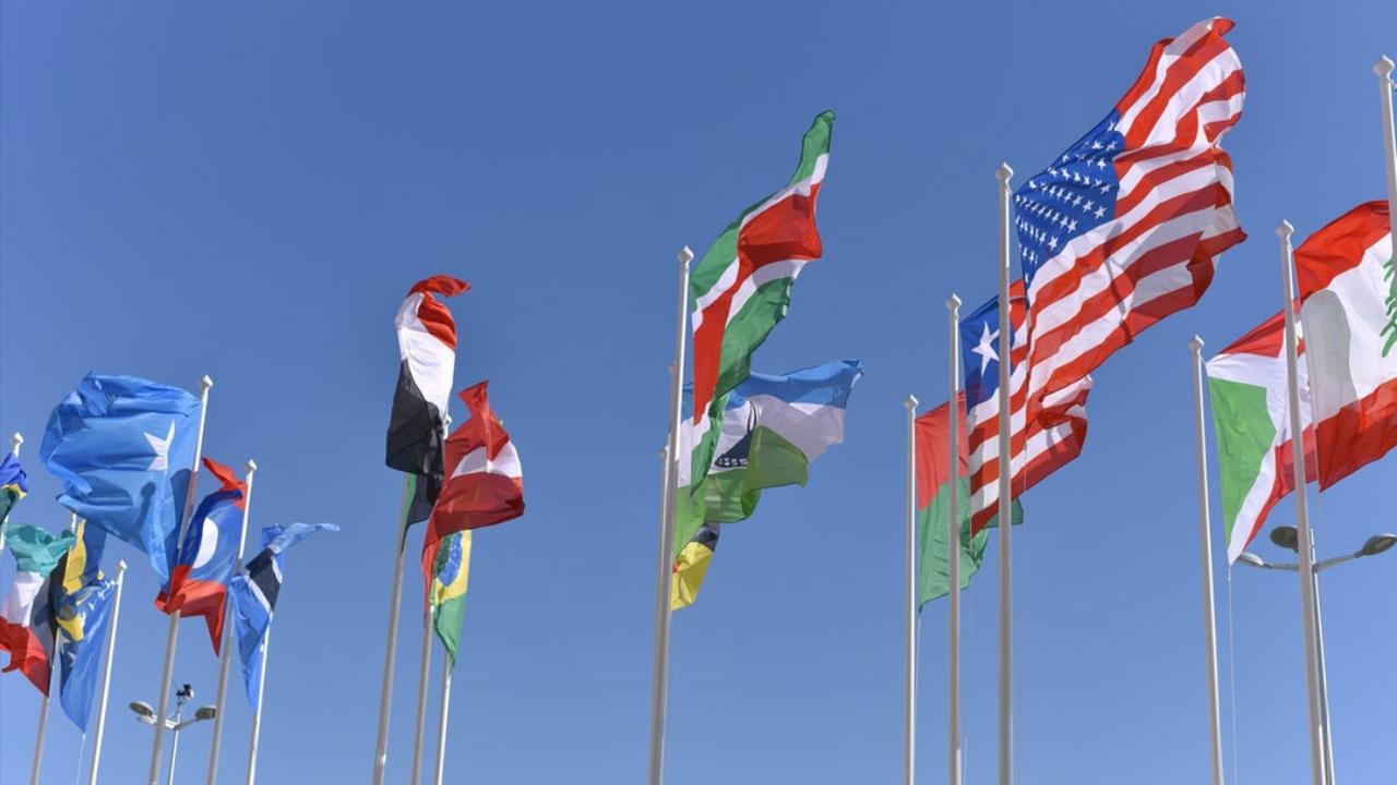 Flags from multiple countries blowing in the wind
